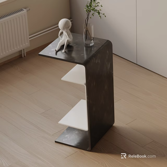 Modern Side Table With Black Top And White Shelves On Wooden Floor Near White Cabinet 3d model 