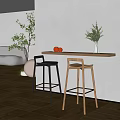 Modern Bar Counter Interior With Wooden And Black Stools Shelf And Green Plants