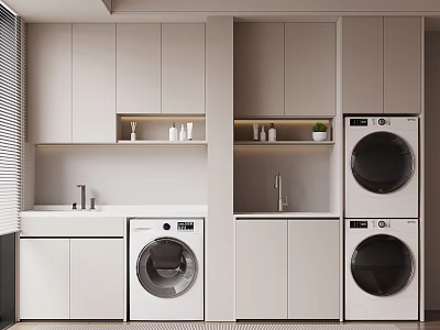 Modern Laundry Room Setup With Washing Machine Dryer Cabinets And Sink 3d model