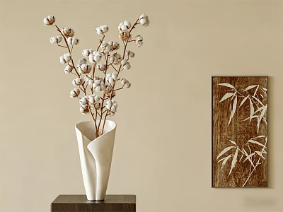White Vase With Cotton Branches On Dark Wooden Base And Bamboo Leaf Wall Art 3d model