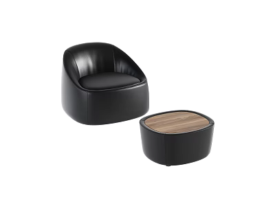 Black Leather Rounded Single Sofa with Wooden Top Side Table for Modern Living Room 3d model