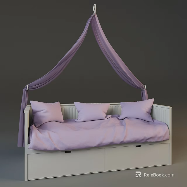 Purple Canopy Children's Bed With Three Pillows And White Drawer Frame 3d model 