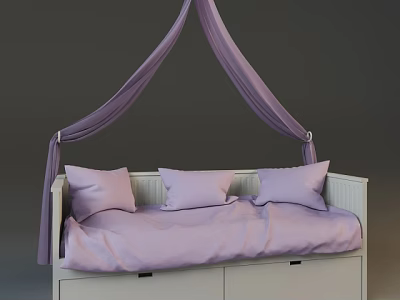 Purple Canopy Children's Bed With Three Pillows And White Drawer Frame 3d model