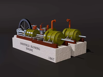 Vintage Industrial Equipment Sheffield Blowing Engine 1867 With Green Cylinders Wheels And Pipes 3d model