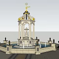 Ornate Decorative Fountain In Public Square With Surrounding Seats And Lamp Posts