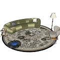 Green Curved Sofa With Glass Coffee Table Round Patterned Rug Floor Lamp And Accent Chair