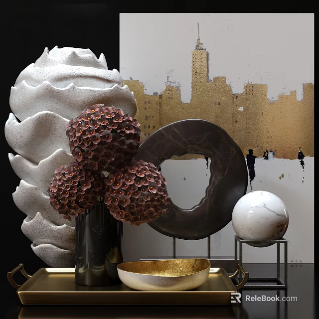 Modern Decorative Ornaments Set With White Sculpture Brown Bouquet Black Circle Marble Sphere Gold Bowl 3d model 