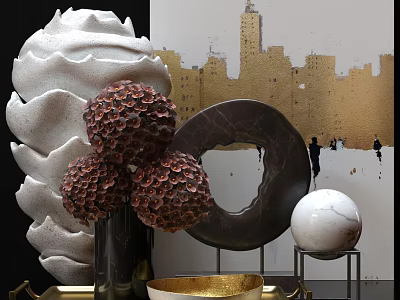 Modern Decorative Ornaments Set With White Sculpture Brown Bouquet Black Circle Marble Sphere Gold Bowl 3d model