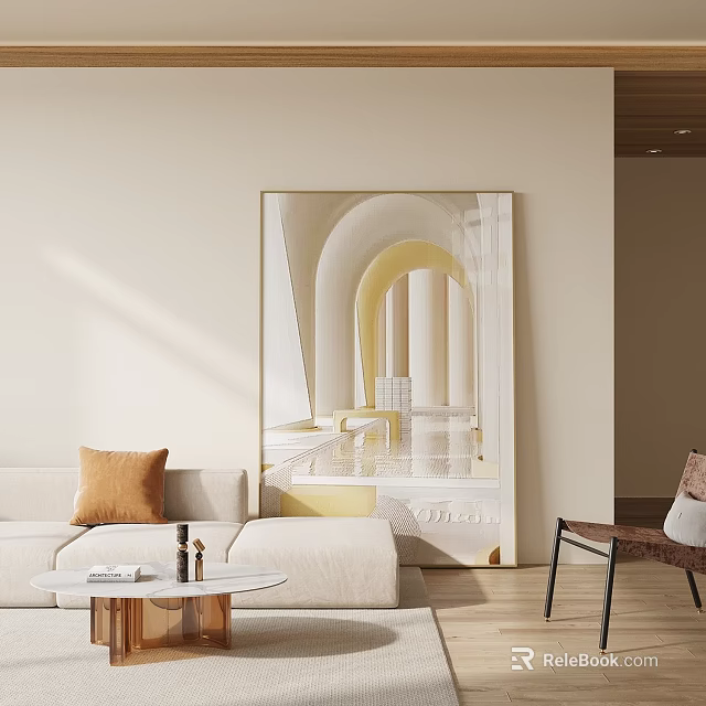 Modern Beige Sofa With Orange Pillow And Round Coffee Table Set Near Decorative Wall Art 3d model 