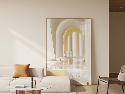 Modern Beige Sofa With Orange Pillow And Round Coffee Table Set Near Decorative Wall Art 3d model