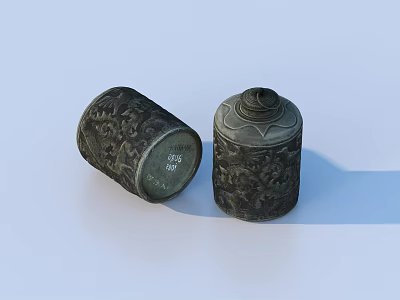 Ceramic Vessels in Dark Color with Intricate Carved Patterns and Cylindrical Design 3d model