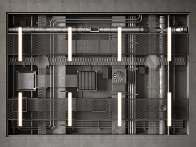 Industrial Ceiling Design With Exposed Pipes Metal Grid Panels And Strip Lights 3d model