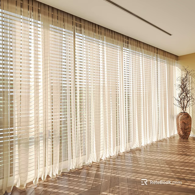 White Sheer Curtains Enhancing Bright Room Interior With Natural Light And Decorative Vase 3d model 