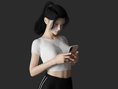 A Woman With Black Ponytail Wearing White Cropped Top And Black Track Pants Using Smartphone 3d model