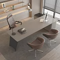 Modern Office Desk With Brown Leather Chairs Table Lamp Notebook And Natural Window View