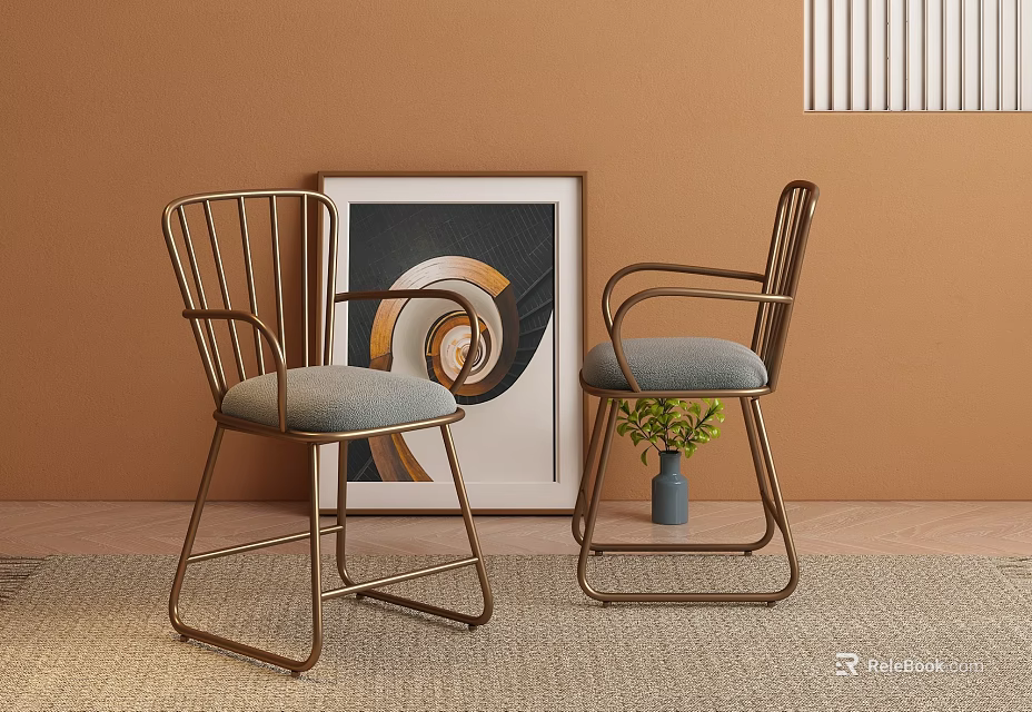 Stylish Leisure Chairs with Metal Frame Grey Cushions and Spiral Painting on Brown Wall 3d model 