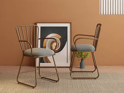 Stylish Leisure Chairs with Metal Frame Grey Cushions and Spiral Painting on Brown Wall 3d model