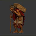 Hunchbacked Elderly Man Carrying Large Box With Wooden Walking Stick And Simple Robe