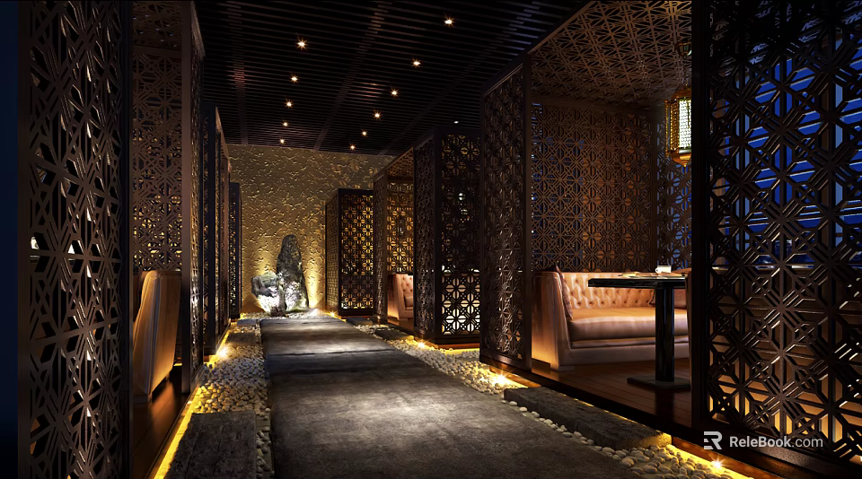 Elegant Café Interior With Wooden Laser Cut Partitions Warm Lighting And Cozy Seating 3d model 