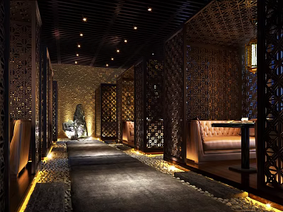 Elegant Café Interior With Wooden Laser Cut Partitions Warm Lighting And Cozy Seating 3d model