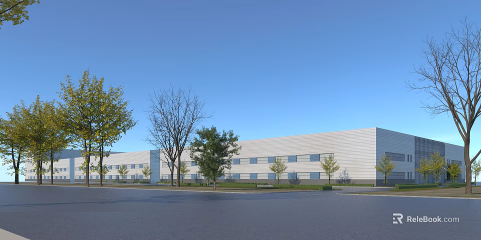 Modern Industrial Factory Building With Surrounding Green Trees And Clear Blue Sky 3d model 