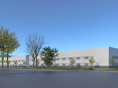 Modern Industrial Factory Building With Surrounding Green Trees And Clear Blue Sky 3d model
