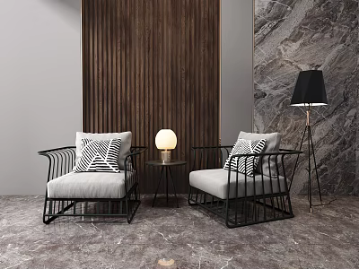 Modern Leisure Sofa Combination With Black Metal Frames Gray Cushions Side Table And Wooden Wall 3d model