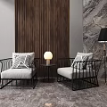 Modern Leisure Sofa Combination With Black Metal Frames Gray Cushions Side Table And Wooden Wall