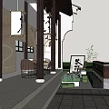 Japanese Garden Landscape With Outdoor Tea Seating Wooden Lanterns And Green Plants