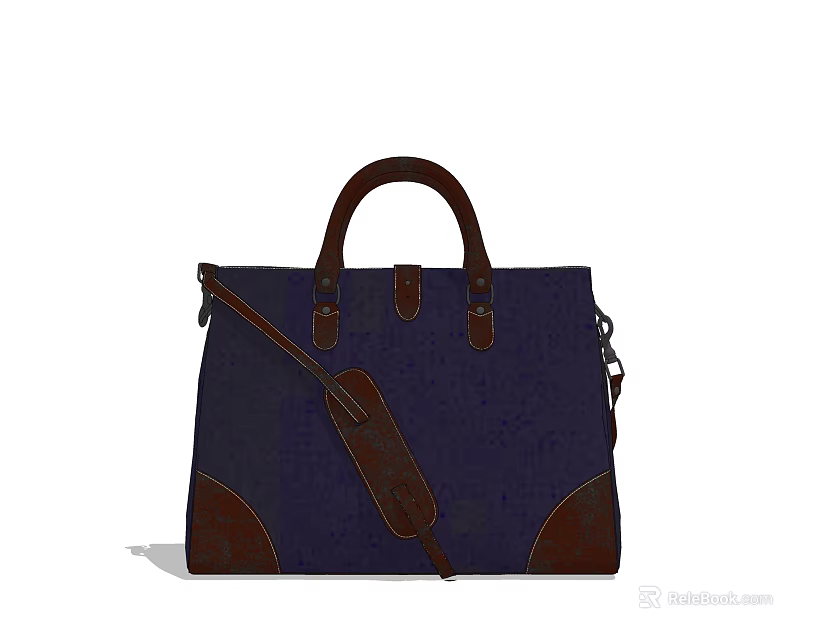 Dark Blue Canvas Handbag With Brown Leather Handles And Adjustable Shoulder Strap 3d model 