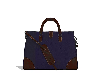 Dark Blue Canvas Handbag With Brown Leather Handles And Adjustable Shoulder Strap 3d model