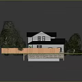 Two Story Detached House With Black Roof Skylights Orange Fence Green Lawn And Trees