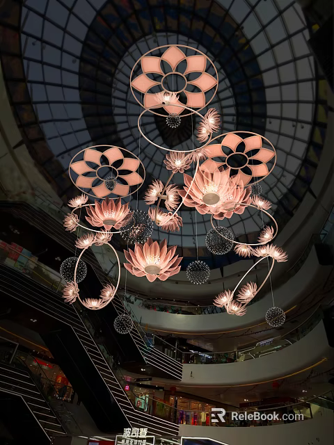 Floral Pink Chandelier Design With Flower Shaped Lights And Curved Metal Frames For Indoor Mall 3d model 