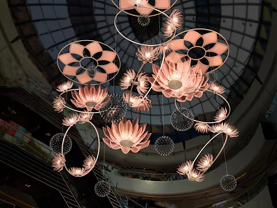 Floral Pink Chandelier Design With Flower Shaped Lights And Curved Metal Frames For Indoor Mall 3d model