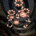 Floral Pink Chandelier Design With Flower Shaped Lights And Curved Metal Frames For Indoor Mall