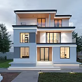 Modern Two Story Detached Villa With Large Glass Windows Balcony And Green Lawn
