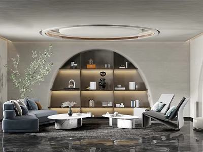 Modern Living Room Sofa Coffee Table Set With Armchair Bookshelf And Decorative Items 3d model