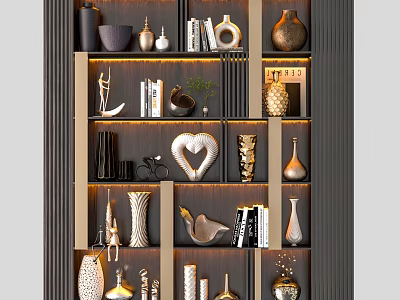 Modern Display Shelf with Decorative Vases Books and Ornaments in Home Interior 3d model