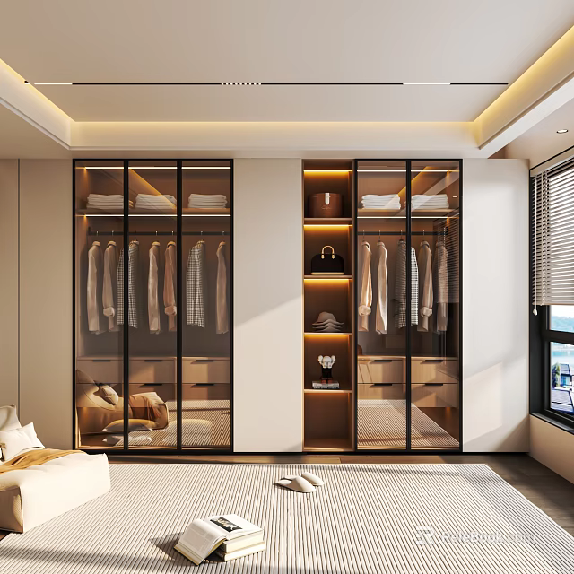 Modern Walk in Closet Interior Design With Glass Doors Hanging Clothes Shelves And Lighting 3d model 