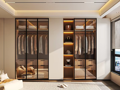 Modern Walk in Closet Interior Design With Glass Doors Hanging Clothes Shelves And Lighting 3d model