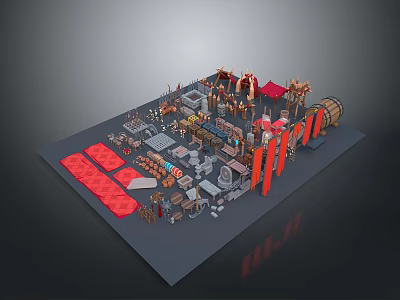 3D Ancient Scenery with Red Tents Flags Stone Paths and Wooden Barrels 3d model