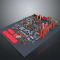 3D Ancient Scenery with Red Tents Flags Stone Paths and Wooden Barrels