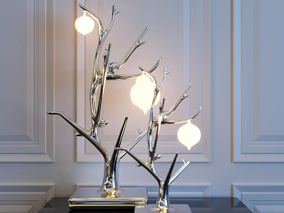 Decorative Chrome Tree Branch Design Table Lamp With Round Bulbs And Square Base 3d model