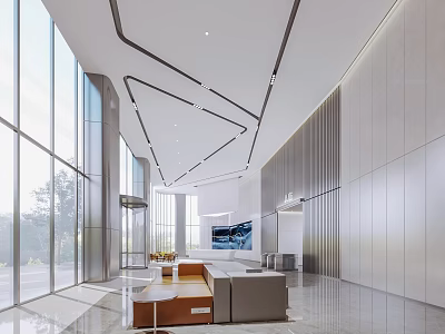Modern Lobby Interior With Large Glass Windows Geometric Ceiling Sofa And Coffee Table 3d model