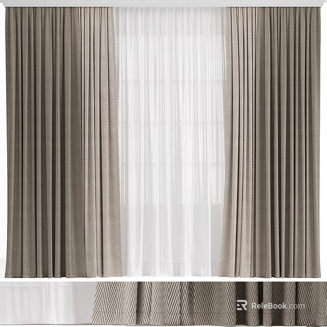 Elegant Layered Curtains With Textured Outer Drapes And Sheer White Inner Panels 3d model 