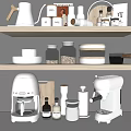 Modern White Kitchen Appliances Blender Coffee Machine Wooden Cutting Board Jars Bottles On Gray Backdrop