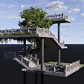 Outdoor Multi Level Staircase Connecting Platforms With Tree Green Plants Railing And Ocean View 3d model