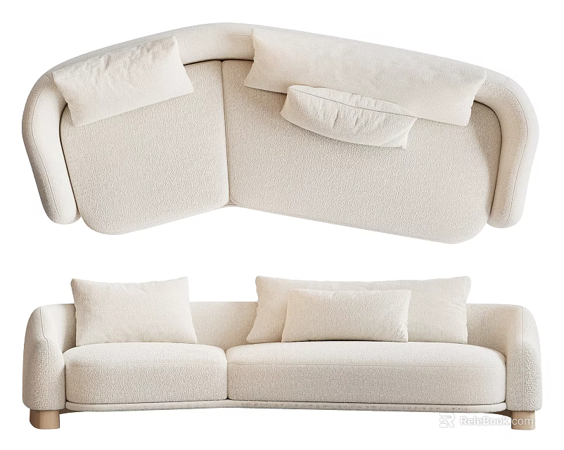 Modern Plush Cream Three Seater Sofa With Soft Cushions And Wooden Legs 3d model 