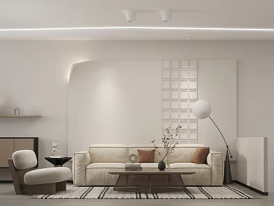 Modern Living Dining Area Interior With Beige Sofa Wooden Coffee Table Floor Lamp Grid Wall 3d model