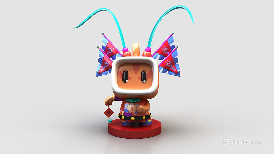 Cute Cartoon Sculpture Carving With Blue Antenna Red Base And Decorative Flags 3d model 